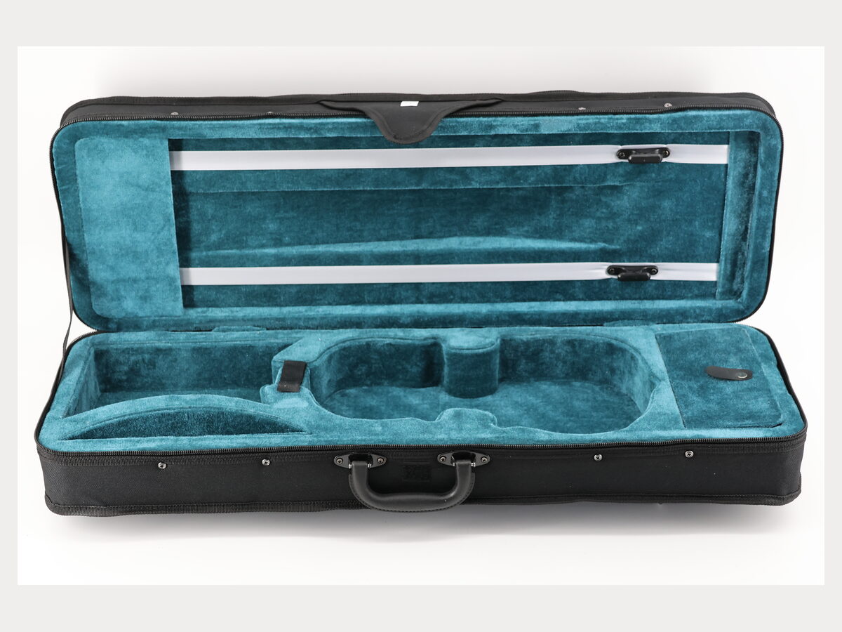 Student foam oblong violin case, teal plush interior